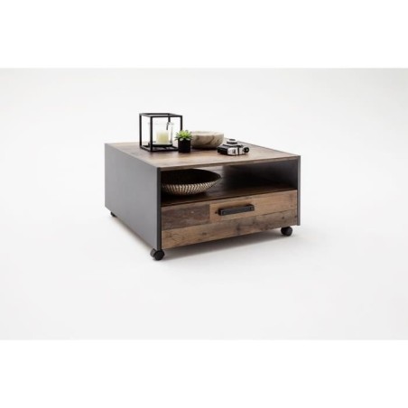 Table basse carré a roulette - Panneaux de particules - Décor bois vieilli et gris - Double plateau -1 Tiroir - L70 x P70 x H4