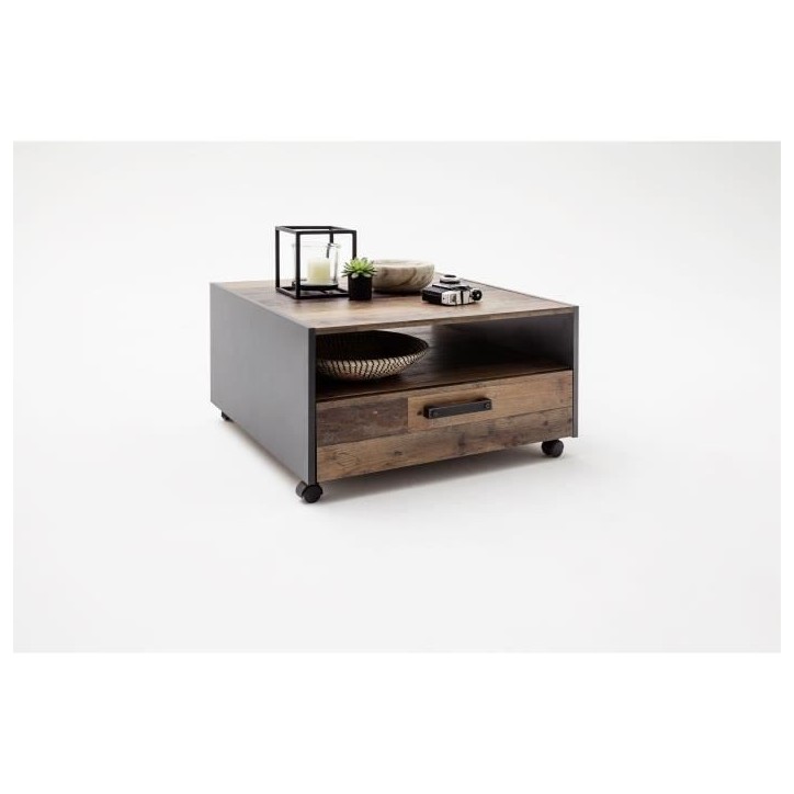 Table basse carré a roulette - Panneaux de particules - Décor bois vieilli et gris - Double plateau -1 Tiroir - L70 x P70 x H4 Table basse carré a roulette - Panneaux de particules - Décor bois vieilli et gris - Double plateau -1 Tiroir - L70 x P70 x H4