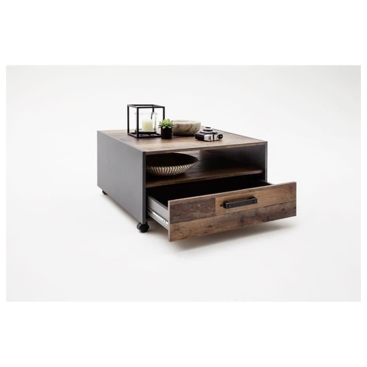 Table basse carré a roulette - Panneaux de particules - Décor bois vieilli et gris - Double plateau -1 Tiroir - L70 x P70 x H4 Table basse carré a roulette - Panneaux de particules - Décor bois vieilli et gris - Double plateau -1 Tiroir - L70 x P70 x H4