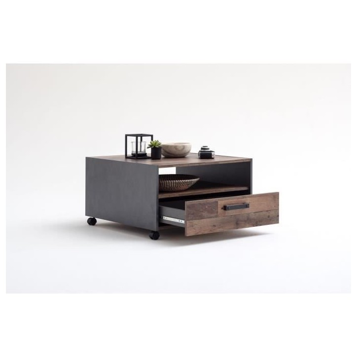 Table basse carré a roulette - Panneaux de particules - Décor bois vieilli et gris - Double plateau -1 Tiroir - L70 x P70 x H4 Table basse carré a roulette - Panneaux de particules - Décor bois vieilli et gris - Double plateau -1 Tiroir - L70 x P70 x H4