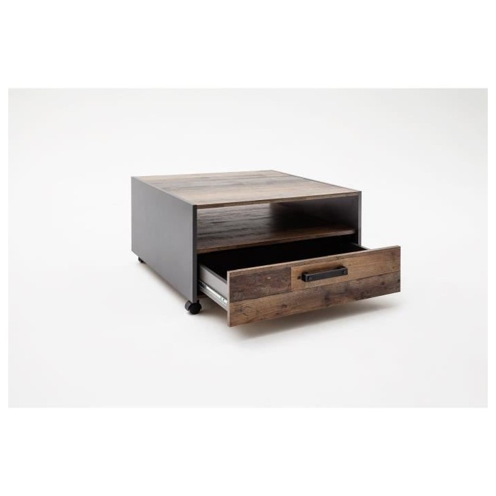 Table basse carré a roulette - Panneaux de particules - Décor bois vieilli et gris - Double plateau -1 Tiroir - L70 x P70 x H4 Table basse carré a roulette - Panneaux de particules - Décor bois vieilli et gris - Double plateau -1 Tiroir - L70 x P70 x H4