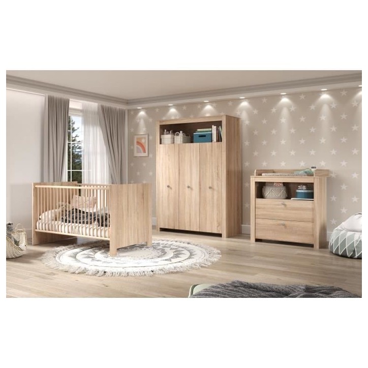 Chambre bébé Trio : Lit 70 x 140 cm + Commode a langer + Armoire OLIVIA - Chene - TREND TEAM