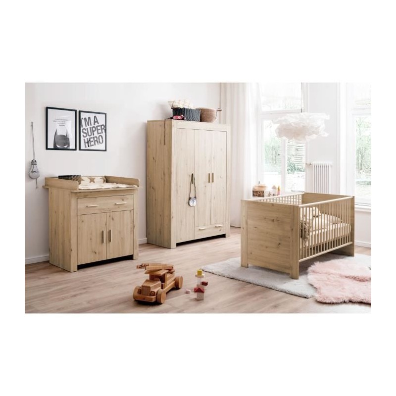 Chambre bébé Trio : Lit 70 x 140 cm + Commode a langer + Armoire AHO Chambre bébé Trio : Lit 70 x 140 cm + Commode a langer + Armoire AHO