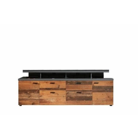 Meuble TV MOOD 2 portes et 2 tiroirs - Mélaminé bois vieilli et gris