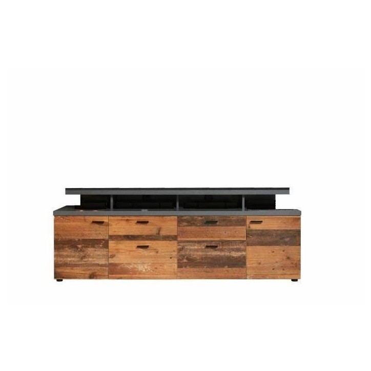 Meuble TV MOOD 2 portes et 2 tiroirs - Mélaminé bois vieilli et gris mat - L 180 x 47 x 66 cm Meuble TV MOOD 2 portes et 2 tiroirs - Mélaminé bois vieilli et gris mat - L 180 x 47 x 66 cm