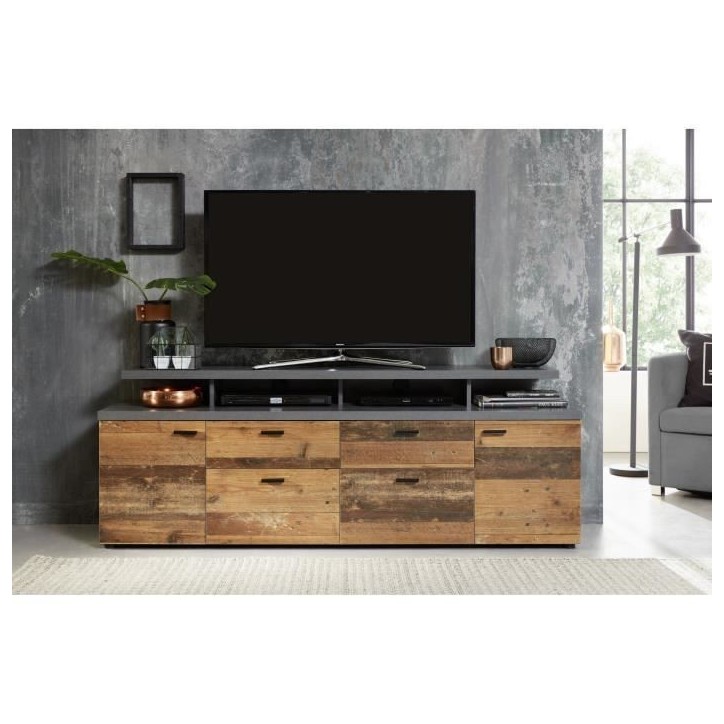 Meuble TV MOOD 2 portes et 2 tiroirs - Mélaminé bois vieilli et gris mat - L 180 x 47 x 66 cm Meuble TV MOOD 2 portes et 2 tiroirs - Mélaminé bois vieilli et gris mat - L 180 x 47 x 66 cm
