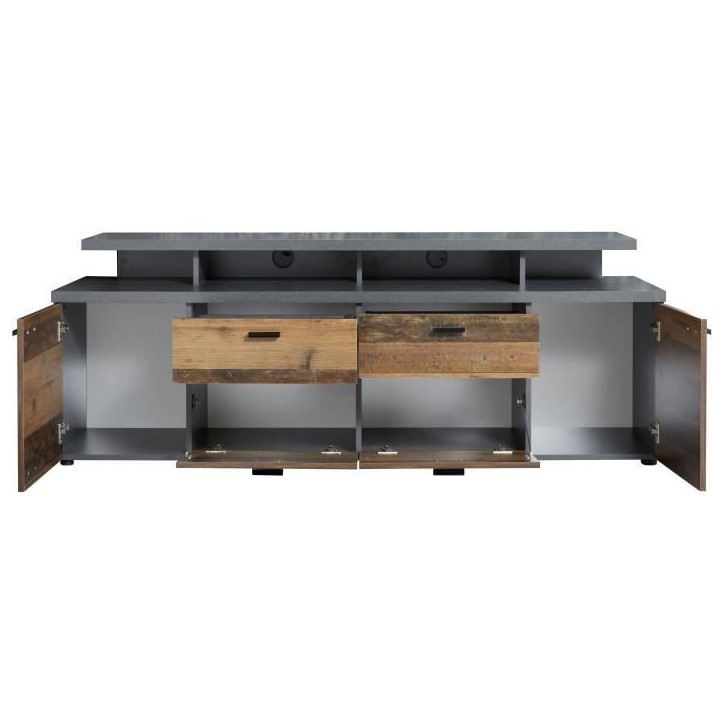 Meuble TV MOOD 2 portes et 2 tiroirs - Mélaminé bois vieilli et gris mat - L 180 x 47 x 66 cm Meuble TV MOOD 2 portes et 2 tiroirs - Mélaminé bois vieilli et gris mat - L 180 x 47 x 66 cm