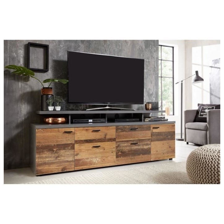 Meuble TV MOOD 2 portes et 2 tiroirs - Mélaminé bois vieilli et gris mat - L 180 x 47 x 66 cm Meuble TV MOOD 2 portes et 2 tiroirs - Mélaminé bois vieilli et gris mat - L 180 x 47 x 66 cm