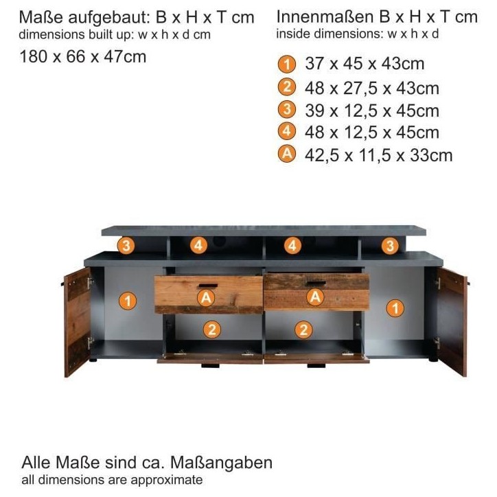 Meuble TV MOOD 2 portes et 2 tiroirs - Mélaminé bois vieilli et gris mat - L 180 x 47 x 66 cm Meuble TV MOOD 2 portes et 2 tiroirs - Mélaminé bois vieilli et gris mat - L 180 x 47 x 66 cm