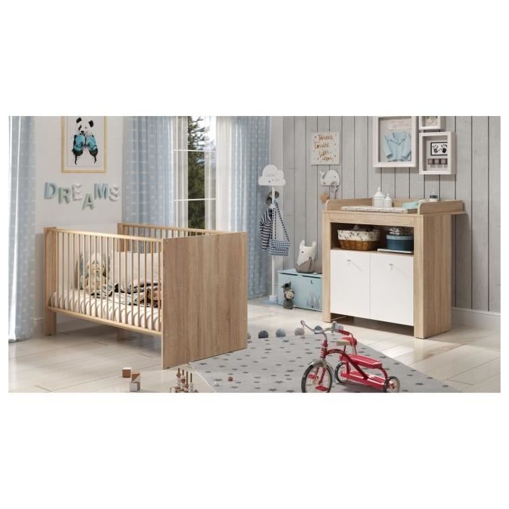 Chambre bébé duo PIA - Lit 70x140 cm + Commode a langer 2 portes - Décor chene sonoma et blanc mat - TRENDTEAM Chambre bébé duo PIA - Lit 70x140 cm + Commode a langer 2 portes - Décor chene sonoma et blanc mat - TRENDTEAM