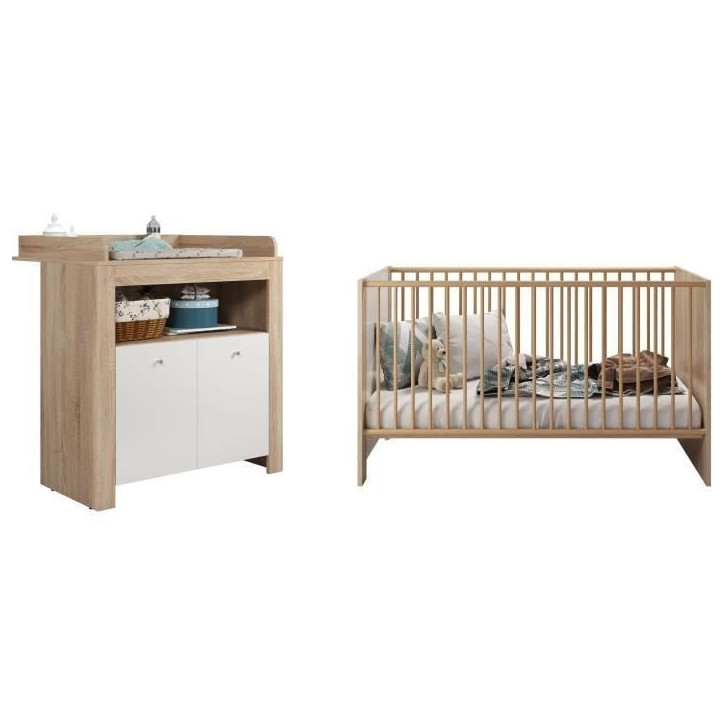 Chambre bébé duo PIA - Lit 70x140 cm + Commode a langer 2 portes - Décor chene sonoma et blanc mat - TRENDTEAM Chambre bébé duo PIA - Lit 70x140 cm + Commode a langer 2 portes - Décor chene sonoma et blanc mat - TRENDTEAM