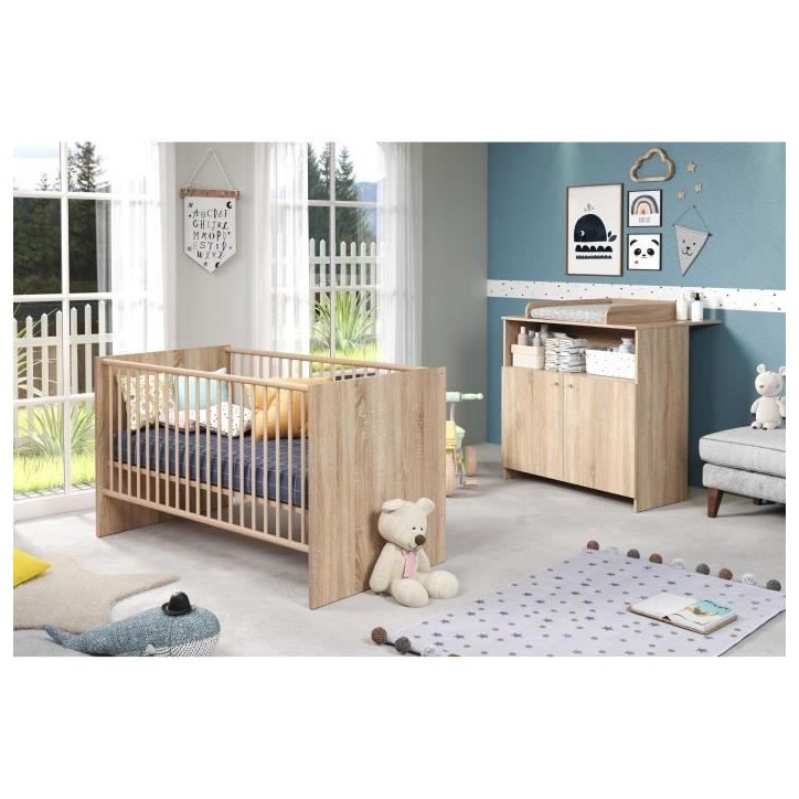 Chambre bébé duo NIKO - Lit 70x140 cm + Commode a langer 2 portes - Décor chene naturel - TRENDTEAM Chambre bébé duo NIKO - Lit 70x140 cm + Commode a langer 2 portes - Décor chene naturel - TRENDTEAM