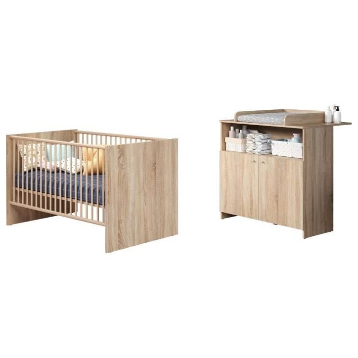 Chambre bébé duo NIKO - Lit 70x140 cm + Commode a langer 2 portes - Décor chene naturel - TRENDTEAM Chambre bébé duo NIKO - Lit 70x140 cm + Commode a langer 2 portes - Décor chene naturel - TRENDTEAM