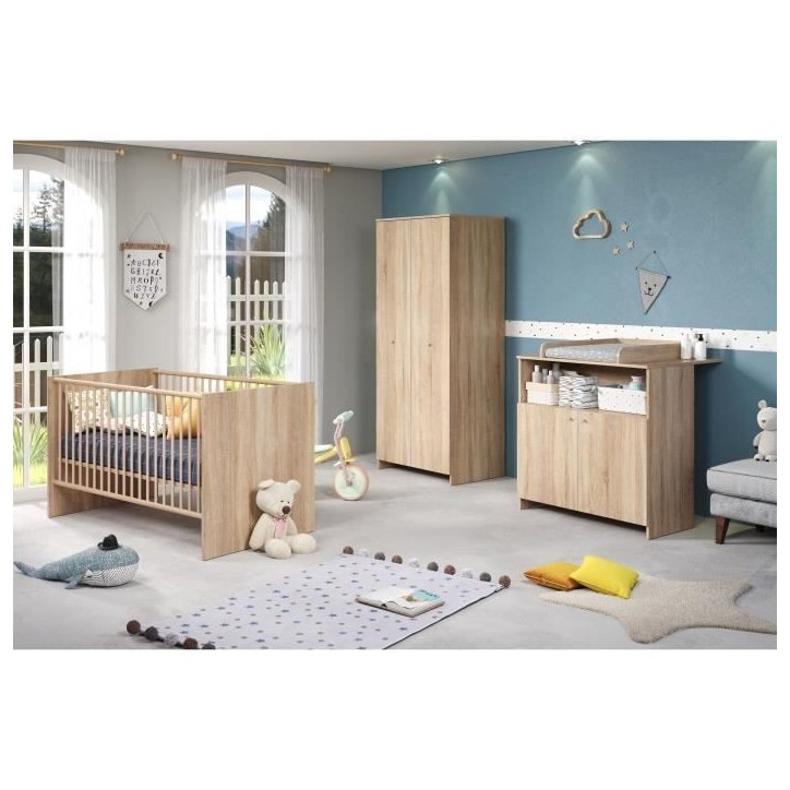 Chambre bébé trio NIKO - Lit 70x140 cm + Commode a langer 2 portes + Armoire 2 portes - Décor chene naturel - TRENDTEAM Chambre bébé trio NIKO - Lit 70x140 cm + Commode a langer 2 portes + Armoire 2 portes - Décor chene naturel - TRENDTEAM