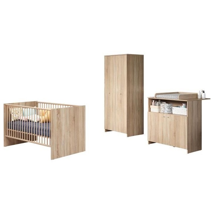 Chambre bébé trio NIKO - Lit 70x140 cm + Commode a langer 2 portes + Armoire 2 portes - Décor chene naturel - TRENDTEAM Chambre bébé trio NIKO - Lit 70x140 cm + Commode a langer 2 portes + Armoire 2 portes - Décor chene naturel - TRENDTEAM
