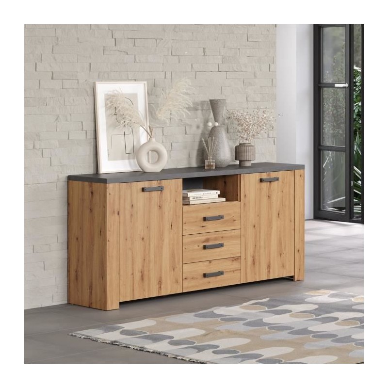 Buffet FOLLOW - Mélamine chene artisan et gris ardoise - 2 Portes + 3 Buffet FOLLOW - Mélamine chene artisan et gris ardoise - 2 Portes + 3