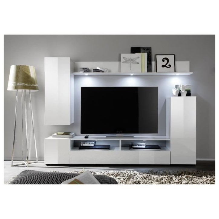 Ensemble meuble TV DOS - éclairage LED inclus - 3 Portes - Mélamine blanc mat et brillant - L208 x P33 x H165 cm Ensemble meuble TV DOS - éclairage LED inclus - 3 Portes - Mélamine blanc mat et brillant - L208 x P33 x H165 cm