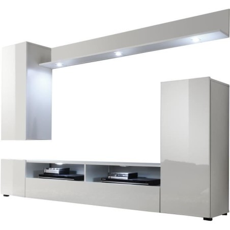 Ensemble meuble TV DOS - éclairage LED inclus - 3 Portes - Mélamine blanc mat et brillant - L208 x P33 x H165 cm