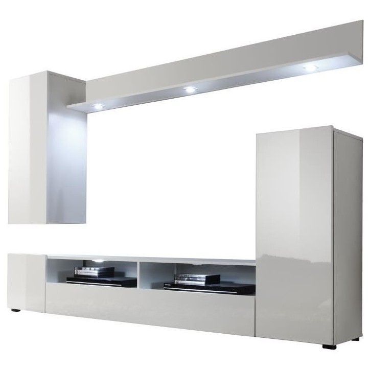 Ensemble meuble TV DOS - éclairage LED inclus - 3 Portes - Mélamine blanc mat et brillant - L208 x P33 x H165 cm Ensemble meuble TV DOS - éclairage LED inclus - 3 Portes - Mélamine blanc mat et brillant - L208 x P33 x H165 cm