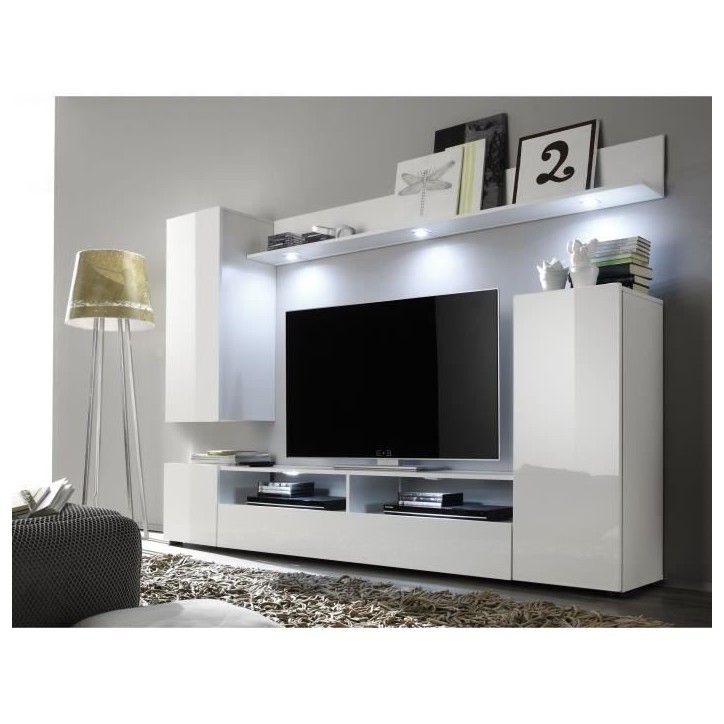 Ensemble meuble TV DOS - éclairage LED inclus - 3 Portes - Mélamine blanc mat et brillant - L208 x P33 x H165 cm Ensemble meuble TV DOS - éclairage LED inclus - 3 Portes - Mélamine blanc mat et brillant - L208 x P33 x H165 cm
