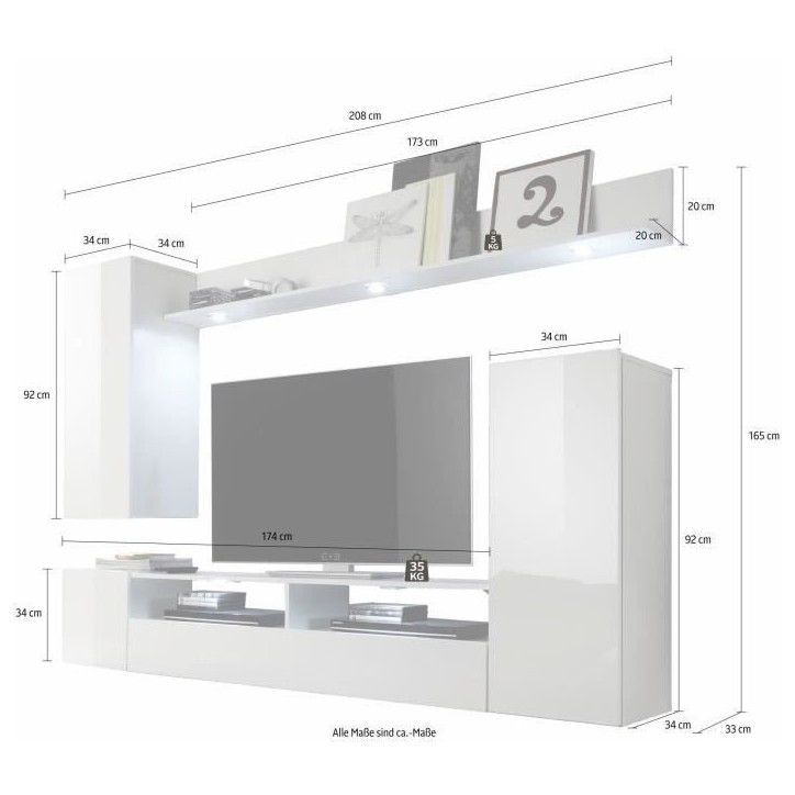 Ensemble meuble TV DOS - éclairage LED inclus - 3 Portes - Mélamine blanc mat et brillant - L208 x P33 x H165 cm Ensemble meuble TV DOS - éclairage LED inclus - 3 Portes - Mélamine blanc mat et brillant - L208 x P33 x H165 cm