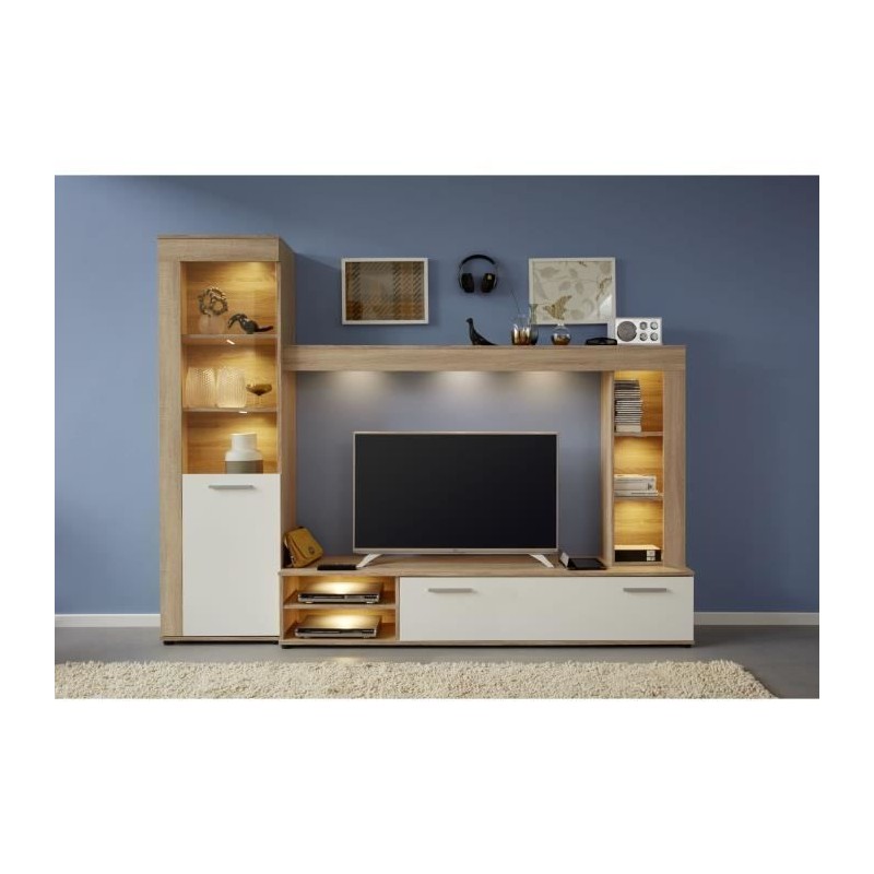Ensemble meuble TV 3 pieces LOGO - 1 Porte - LED - Mélamine chene cla