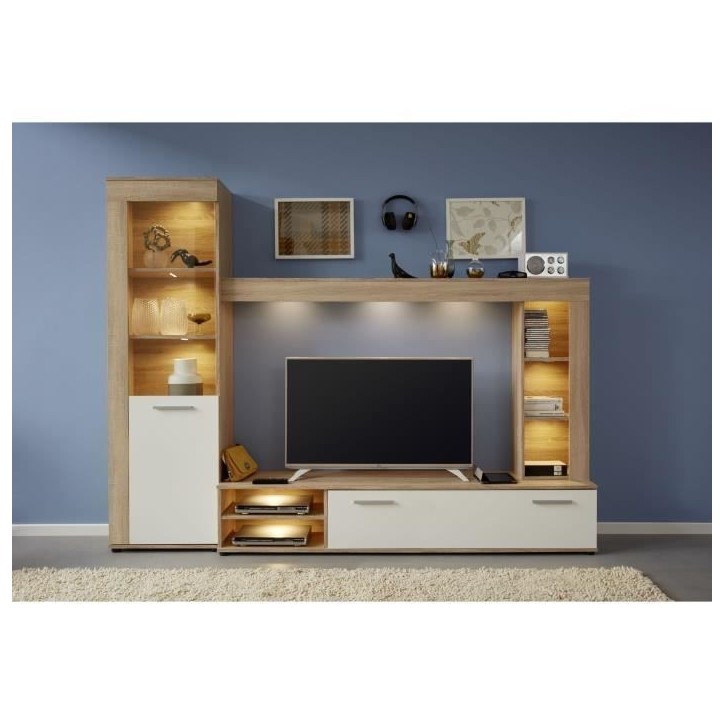 Ensemble meuble TV 3 pieces LOGO - 1 Porte - LED - Mélamine chene clair et blanc mat - L240 x P41 x H185 cm - TRENDTEAM Ensemble meuble TV 3 pieces LOGO - 1 Porte - LED - Mélamine chene clair et blanc mat - L240 x P41 x H185 cm - TRENDTEAM