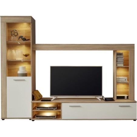 Ensemble meuble TV 3 pieces LOGO - 1 Porte - LED - Mélamine chene clair et blanc mat - L240 x P41 x H185 cm - TRENDTEAM