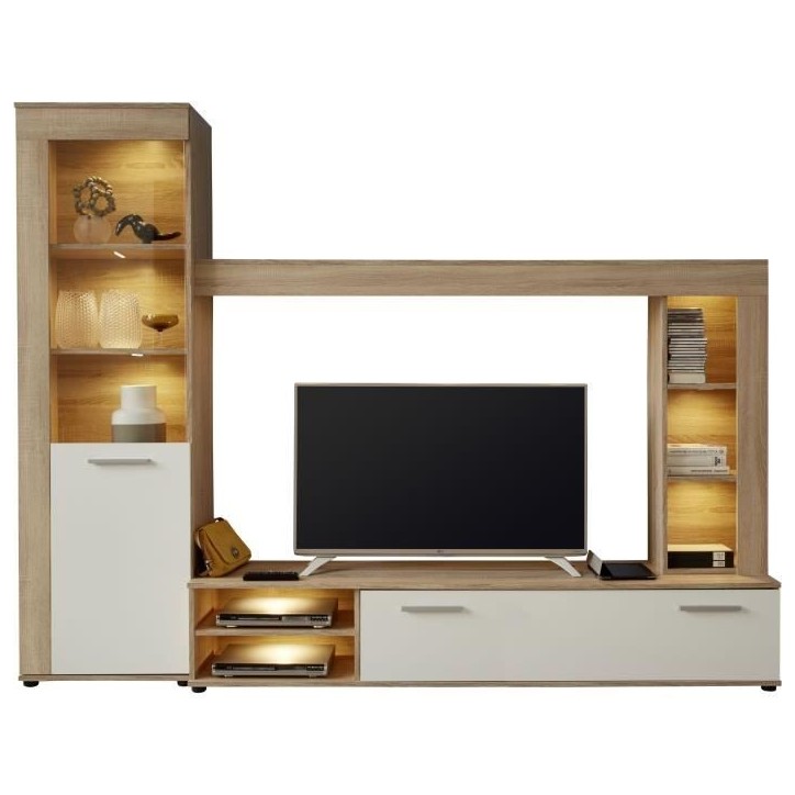 Ensemble meuble TV 3 pieces LOGO - 1 Porte - LED - Mélamine chene clair et blanc mat - L240 x P41 x H185 cm - TRENDTEAM Ensemble meuble TV 3 pieces LOGO - 1 Porte - LED - Mélamine chene clair et blanc mat - L240 x P41 x H185 cm - TRENDTEAM