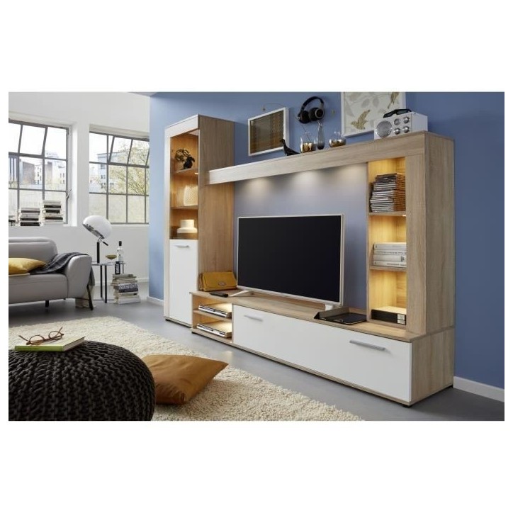 Ensemble meuble TV 3 pieces LOGO - 1 Porte - LED - Mélamine chene clair et blanc mat - L240 x P41 x H185 cm - TRENDTEAM Ensemble meuble TV 3 pieces LOGO - 1 Porte - LED - Mélamine chene clair et blanc mat - L240 x P41 x H185 cm - TRENDTEAM