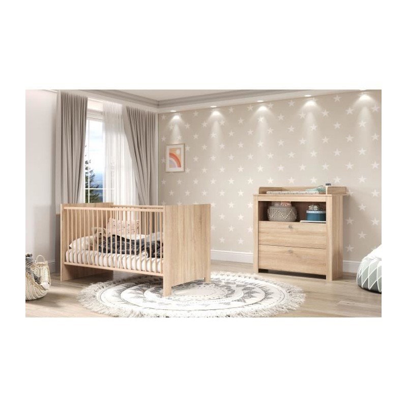 Chambre bébé Duo : Lit 70 x 140 cm + Commode a langer OLIVIA - Chene Chambre bébé Duo : Lit 70 x 140 cm + Commode a langer OLIVIA - Chene