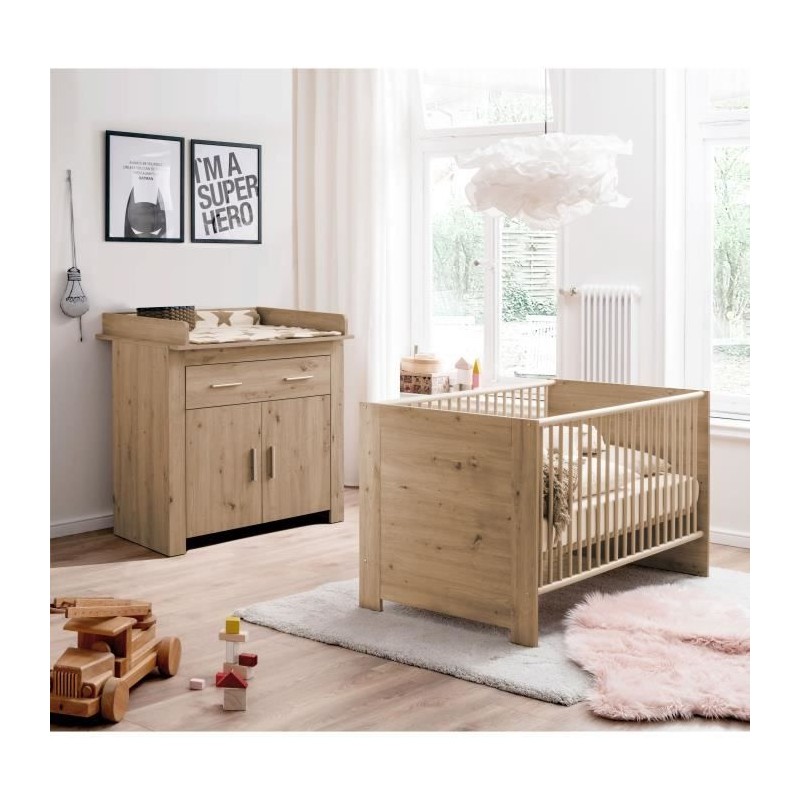 Chambre bébé Duo : Lit 70 x 140 cm + Commode a langer AHOI - Chene - Chambre bébé Duo : Lit 70 x 140 cm + Commode a langer AHOI - Chene -