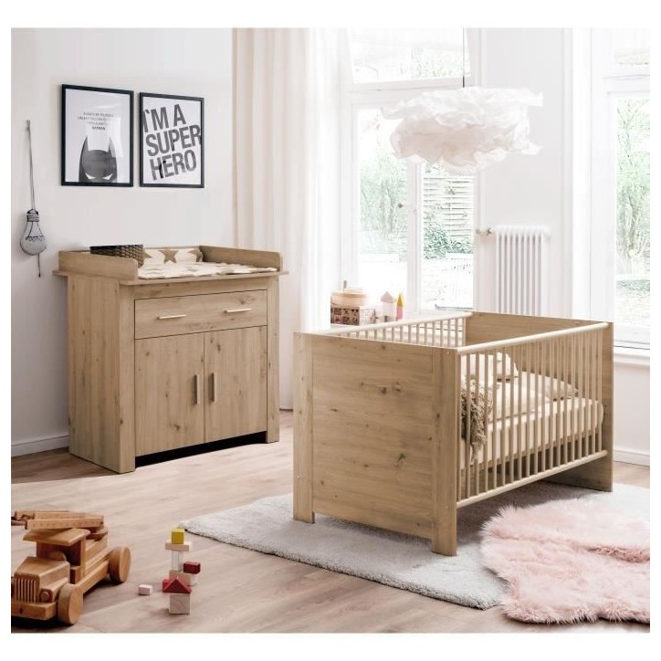 Chambre bébé Duo : Lit 70 x 140 cm + Commode a langer AHOI - Chene - TREND TEAM
