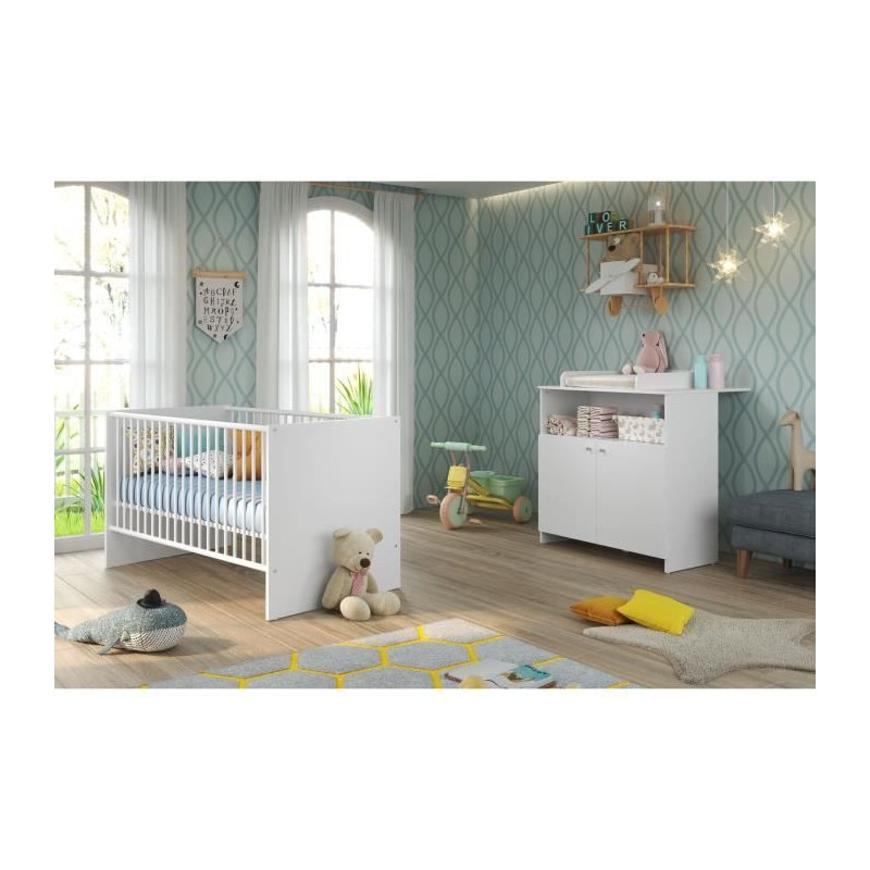 Chambre bébé Duo : Lit 70 x 140 cm + Commode a langer NIKO - Blanc - Chambre bébé Duo : Lit 70 x 140 cm + Commode a langer NIKO - Blanc -