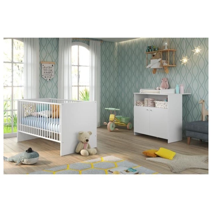 Chambre bébé Duo : Lit 70 x 140 cm + Commode a langer NIKO - Blanc - TREND TEAM Chambre bébé Duo : Lit 70 x 140 cm + Commode a langer NIKO - Blanc - TREND TEAM