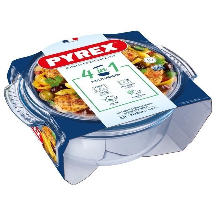 Cocotte - PYREX - 1450074 - Ronde - En verre borosilicate - 5,1 litres - Adapté au congélateur et micro-ondes