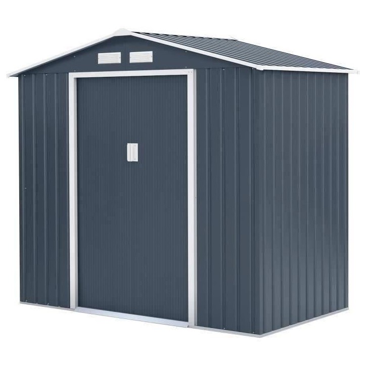 Abri de jardin en métal 2,71 m² - 213 x 127 x 195 cm - PLUTON - Kit d'ancrage inclus, 2 portes coulissantes - Gris Abri de jardin en métal 2,71 m² - 213 x 127 x 195 cm - PLUTON - Kit d'ancrage inclus, 2 portes coulissantes - Gris