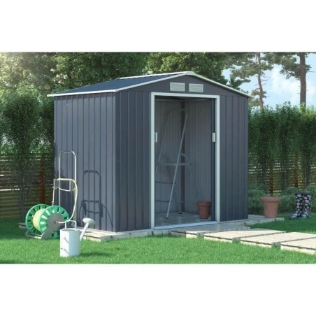 Abri de jardin en métal 2,71 m² - 213 x 127 x 195 cm - PLUTON - Kit d'ancrage inclus, 2 portes coulissantes - Gris
