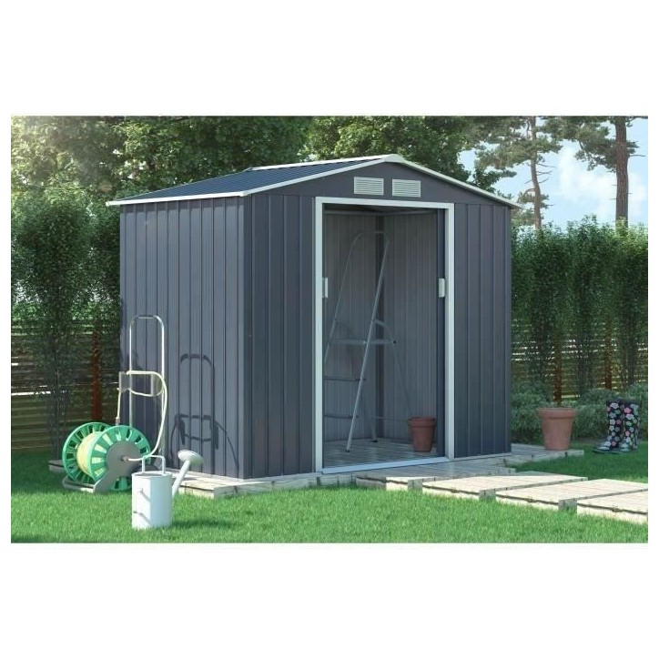 Abri de jardin en métal 2,71 m² - 213 x 127 x 195 cm - PLUTON - Kit d'ancrage inclus, 2 portes coulissantes - Gris Abri de jardin en métal 2,71 m² - 213 x 127 x 195 cm - PLUTON - Kit d'ancrage inclus, 2 portes coulissantes - Gris