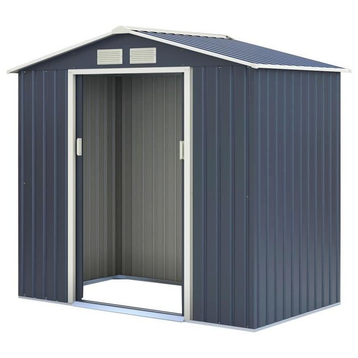 Abri de jardin en métal 2,71 m² - 213 x 127 x 195 cm - PLUTON - Kit d'ancrage inclus, 2 portes coulissantes - Gris Abri de jardin en métal 2,71 m² - 213 x 127 x 195 cm - PLUTON - Kit d'ancrage inclus, 2 portes coulissantes - Gris