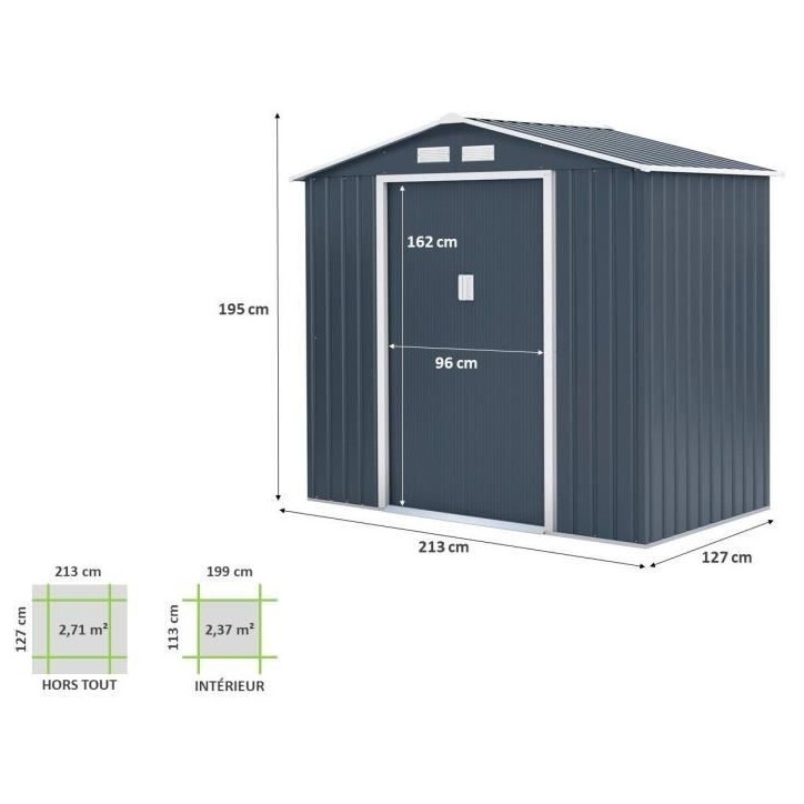Abri de jardin en métal 2,71 m² - 213 x 127 x 195 cm - PLUTON - Kit d'ancrage inclus, 2 portes coulissantes - Gris Abri de jardin en métal 2,71 m² - 213 x 127 x 195 cm - PLUTON - Kit d'ancrage inclus, 2 portes coulissantes - Gris