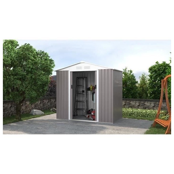 Abri de jardin en métal 2,71 m² - 213 x 127 x 195 cm - PLUTON - Kit d'ancrage inclus, 2 portes coulissantes - Taupe Abri de jardin en métal 2,71 m² - 213 x 127 x 195 cm - PLUTON - Kit d'ancrage inclus, 2 portes coulissantes - Taupe