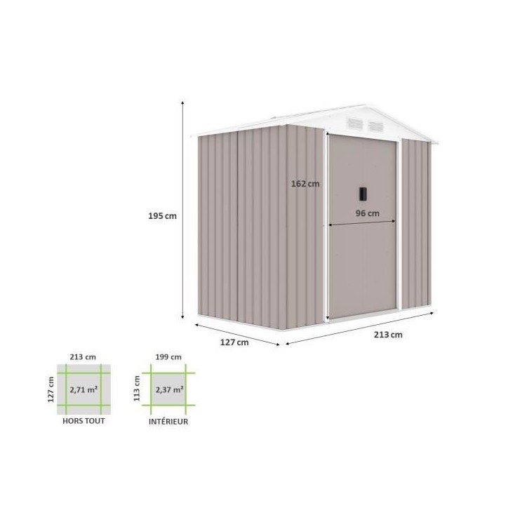 Abri de jardin en métal 2,71 m² - 213 x 127 x 195 cm - PLUTON - Kit d'ancrage inclus, 2 portes coulissantes - Taupe Abri de jardin en métal 2,71 m² - 213 x 127 x 195 cm - PLUTON - Kit d'ancrage inclus, 2 portes coulissantes - Taupe