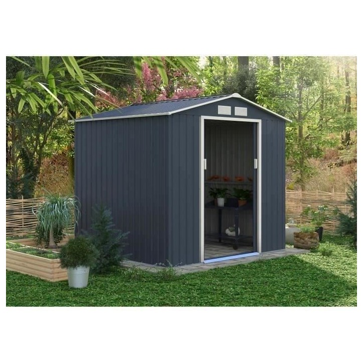 Abri de jardin en métal 4,07 m² - 213 x 191 x 195 cm - MARS -Kit d'ancrage inclus, 2 portes coulissantes - Gris Abri de jardin en métal 4,07 m² - 213 x 191 x 195 cm - MARS -Kit d'ancrage inclus, 2 portes coulissantes - Gris