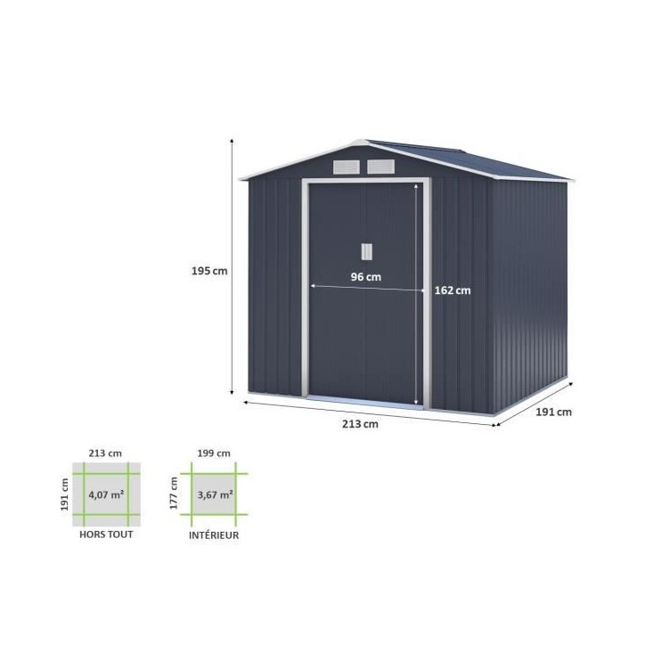 Abri de jardin en métal 4,07 m² - 213 x 191 x 195 cm - MARS -Kit d'ancrage inclus, 2 portes coulissantes - Gris Abri de jardin en métal 4,07 m² - 213 x 191 x 195 cm - MARS -Kit d'ancrage inclus, 2 portes coulissantes - Gris