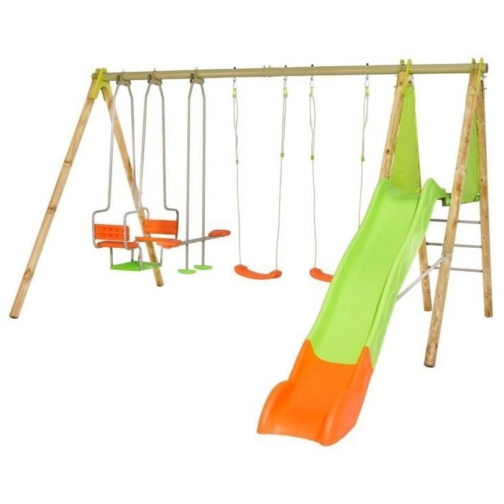 Portique bois et métal - 2,30m - 2 balançoires, 1 face a face, 1 nacelle et 1 toboggan 2,63m - KAHUNA TRIGANO Portique bois et métal - 2,30m - 2 balançoires, 1 face a face, 1 nacelle et 1 toboggan 2,63m - KAHUNA TRIGANO