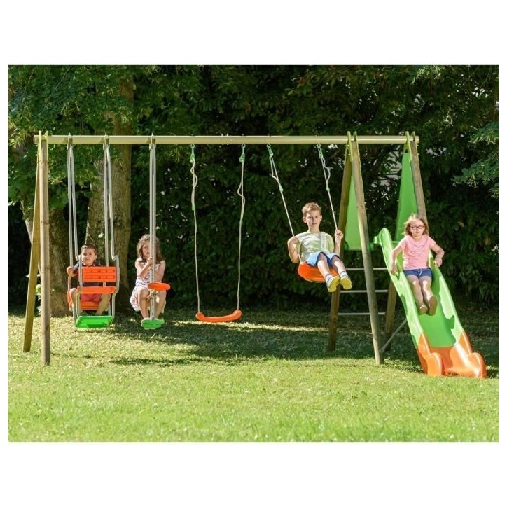 Portique bois et métal - 2,30m - 2 balançoires, 1 face a face, 1 nacelle et 1 toboggan 2,63m - KAHUNA TRIGANO Portique bois et métal - 2,30m - 2 balançoires, 1 face a face, 1 nacelle et 1 toboggan 2,63m - KAHUNA TRIGANO
