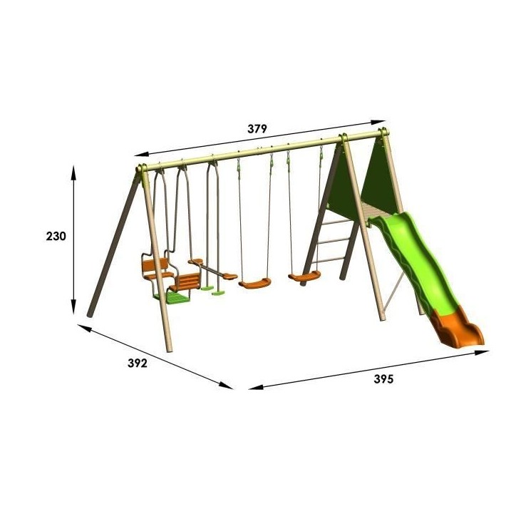 Portique bois et métal - 2,30m - 2 balançoires, 1 face a face, 1 nacelle et 1 toboggan 2,63m - KAHUNA TRIGANO Portique bois et métal - 2,30m - 2 balançoires, 1 face a face, 1 nacelle et 1 toboggan 2,63m - KAHUNA TRIGANO