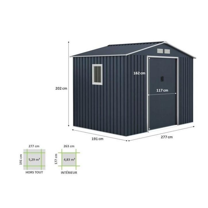 Abri de jardin en métal 5,29 m² - 277 x 191 x 202 cm - VENUS Kit d'ancrage inclus, 2 portes coulissantes, 1 fenetre latérale Abri de jardin en métal 5,29 m² - 277 x 191 x 202 cm - VENUS Kit d'ancrage inclus, 2 portes coulissantes, 1 fenetre latérale