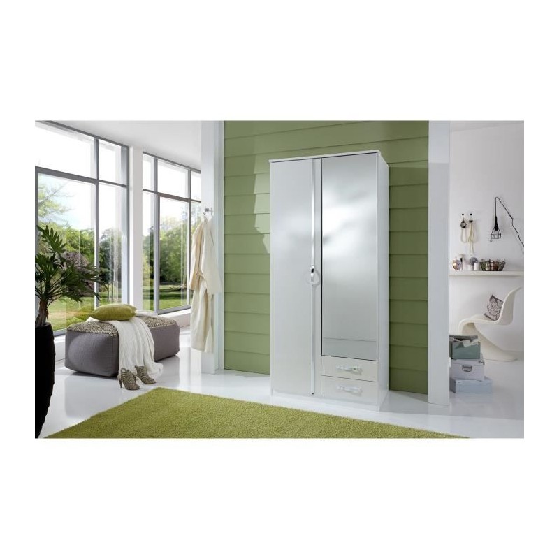 Armoire 2 portes battantes + miroir - Blanc brillant - L 91 x P 56 x H Armoire 2 portes battantes + miroir - Blanc brillant - L 91 x P 56 x H